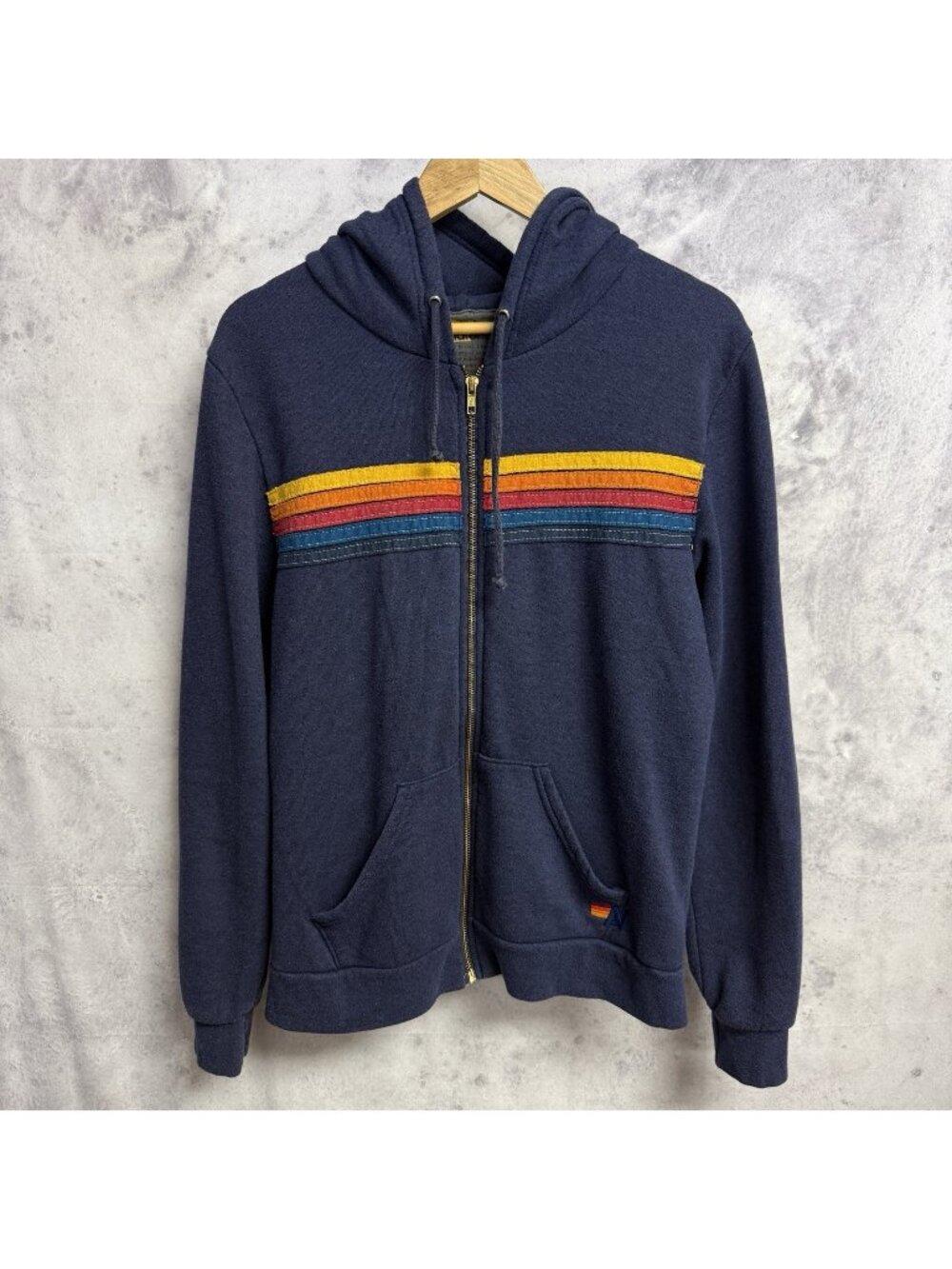 Aviator Nation 5 Stripe Full Zip Hoodie Size Large Navy Rainbow